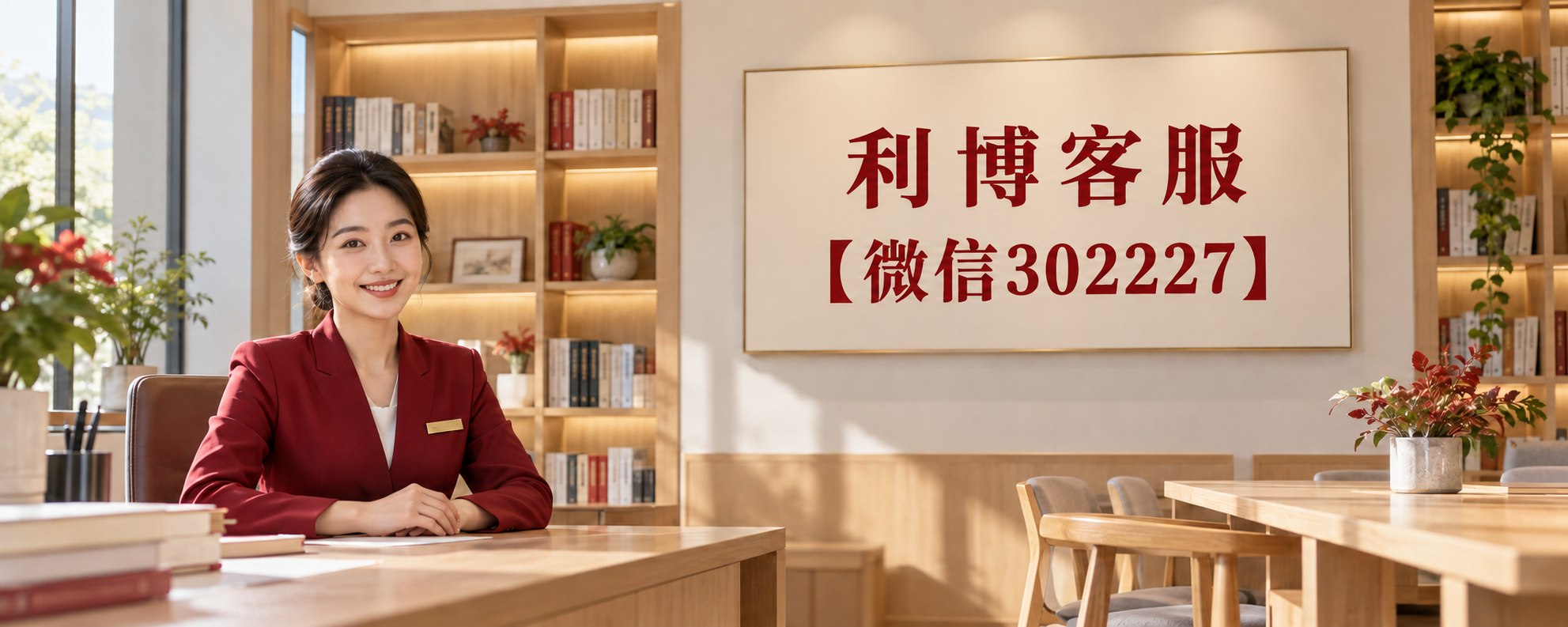 温暖咨询室中的利博客服标牌：微信302227